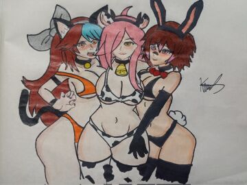 3girls bikini bra breasts brown_hair bunny_ears bunny_tail cow_bikini cow_girl female female_only keiramevt latam_virtual_youtuber multicolored_hair multiple_females multiple_girls neneefthy oneeshi panties pink_hair raccoon_girl rakkun thighs virtual_youtuber vtuber vtuberfanart yellow_eyes