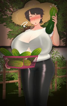 1girls 3d :o ? big_breasts black_bra black_underwear blush bra breasts brown_hair closed_eyes cucumber female food hat hi_res high_resolution highres holding_food jewelry looking_at_foot married_female mature mature_female milf nature open_mouth original outside ring see-through see-through_clothing sweat sweatdrop tree underwear vyrus_smith wedding_ring wet yaeko_tanaka_(vyrus_smith)