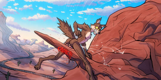 4_fingers anthro anus ass ballbusting balls black_nose bodily_fluids brown_body brown_fur bruised bruised_balls bubble_ass bubble_butt cactus canid canine canis clenched_teeth cock_and_ball_torture cock_and_balls_torture countershade_balls countershade_face countershade_genitalia countershade_torso countershading coyote crunch cum cumshot desert detailed_background ejaculation falling fingers fur genital_fluids genital_torture genitals hi_res involuntary_orgasm kimero_kat looney_tunes male mammal messy_tail motion_lines mountain nipples nude onomatopoeia ouch pain penis plant reddened_scrotum road rock scrotum semen sharp_teeth slim slim_male solo sound_effects straddling tail teeth text toony warner_brothers wile_e._coyote yellow_eyes