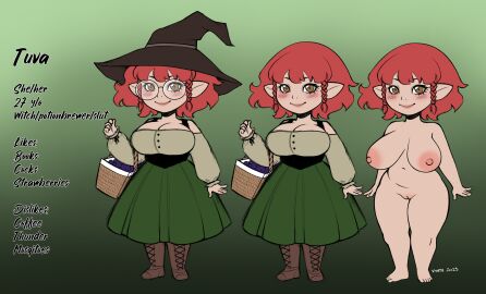 artbyvynta big_breasts breasts casual character_sheet chubby chubby_female clothing female glasses halfling halfling_female pale_skin witch_hat