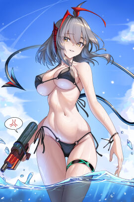 1girls adult adult_female ahoge antenna_hair arknights bare_armpits bare_arms bare_belly bare_chest bare_hands bare_hips bare_legs bare_midriff bare_navel bare_shoulders bare_skin bare_thighs bare_torso belly belly_button big_breasts bikini bikini_bottom bikini_only bikini_top black_bikini black_bikini_bottom black_bikini_only black_bikini_top black_string_bikini black_swimsuit black_swimwear black_tail black_thighband blue_background blue_sky bowlp bracelet breasts busty busty_female cleavage clouds collarbone demon_tail dot_nose dripping_wet exposed exposed_arms exposed_belly exposed_legs exposed_midriff exposed_shoulders exposed_thighs eyebrows_visible_through_hair female female_focus female_only fingernails fingers firearm grey-haired_female grey_eyebrows grey_hair grin groin gun hair_between_eyes high_resolution highres horn horns hourglass_figure large_breasts lean_figure legs light-skined_female light-skinned_female light_skin lips looking_at_viewer looking_down looking_down_at_viewer mature_female medium_hair navel o-ring_bikini o-ring_bikini_bottom o-ring_bikini_top ocean outdoors outside parted_lips partially_submerged partially_submerged_legs red_horn red_horns sea shoulders side-tie_bikininipple_bulge silver-haired_female silver_hair simple_background sky slender_body slender_waist slim_female slim_waist smile smiley_face smiling_at_viewer smirk smug soaked solo standing string_bikini submerged_feet submerged_legs swimsuit swimwear tail thick_thighs thigh_gap thighband thighs thin_waist underboob upper_body v-line w_(arknights) weapon wet wet_belly wet_bikini wet_body wet_breasts wet_face wet_hair wet_legs wet_skin wet_thighs wide_hips yellow-eyed_female yellow_eyes