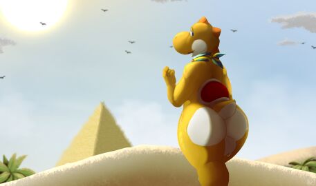 absurd_res anthro ascot ass backsack balls big_butt bodily_fluids desert genitals geno28 hi_res looking_back male mario_bros nintendo pyramid reptile saddle sand scalie solo super_mario_bros_wonder sweat sweaty_balls sweaty_butt sweaty_genitalia swedish_flag tagme yellow_yoshi yoshi