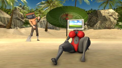 3d android ass beach big_ass big_breasts breasts female grey_skin robot_girl scout_(team_fortress_2) sfm swimsuit team_fortress_2 thick_thighs tv_head