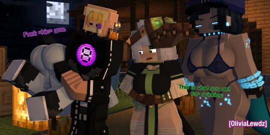 1boy 3girls arthur_(arthur32) black_hair blue_bra blue_thong bra chains cyberpunk:_edgerunners drunk english_text female godzilla_(cosplay) grace_(ender2435) green_thong halloween halloween_costume karla_(gtsminecraft) makeup male minecraft moon night olivia_(olivialewdz) olivialewdz plague_doctor_(cosplay) rebecca_(edgerunners)_(cosplay) spiked_collar thong white_hair