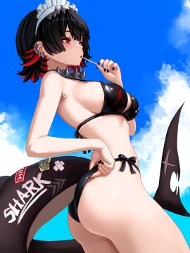 1girls ass beach big_ass big_thighs bikini black_bikini black_hair blush breasts butt ellen_joe female food hairclip huge_ass huge_thighs lollipop medium_breasts red_eyes red_hair shark_girl shark_tail sharp_teeth short_hair solo solo_female swimsuit tagme tail thick_thighs thighs two-tone_hair water wet wet_body yan_kodiac zenless_zone_zero