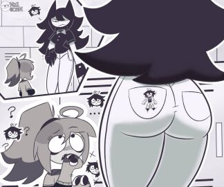 2girls1boy abbie_(fundamental_paper_education) ass ass_focus back_view black_eyes butt_focus buttcrush_aftermath dialogue female fundamental_paper_education giant_ass giant_female giant_woman giantess jeans lana_(fundamental_paper_education) male miss_circle_(fundamental_paper_education) nelsomk question_mark stuck_to_ass stuck_to_butt thicc thicc_ass thicc_butt thicc_thighs thick_ass thick_butt thick_thighs unaware_buttcrush unaware_facesitting unaware_giantess