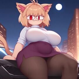 ai_generated big_breasts big_thighs breasts cat_ears cat_tail hips looking_at_viewer melty_blood neco-arc sexy sexy_body sitting sitting_on_car tagme thighs video