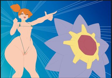 :d asymmetrical_hair bangs bikini breasts choker clenched_hand emphasis_lines female green_bikini green_eyes green_swimsuit hair_between_eyes hand_up highleg highleg_bikini highleg_swimsuit kasumi_(pokemon) medium_breasts micro_bikini navel one-piece_swimsuit open_mouth orange_hair outstretched_arm pointing pokemon pokemon_(anime) pokemon_(classic_anime) pokemon_rgby ponytail pussy pussy_floss short_hair side_ponytail skindentation sling_swimsuit smile snaart solo standing starmie string_bikini swimsuit teeth thick_thighs thighs tied_hair underboob upper_teeth wide_hips