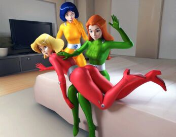 3d 3girls alex_(totally_spies) angry_expression animated animated_gif ass ass_up bedroom black_hair blender blonde-haired_female blonde_hair bodysuit boots bratty_submissive clover_(totally_spies) female femdom femsub ginger ginger_hair high_heels indoors kinkblink latex latex_suit multiple_females multiple_girls orange_hair over_the_knee_spanking punishment punishment_spanking sam_(totally_spies) shocked_expression spanked spanking tagme totally_spies yuri