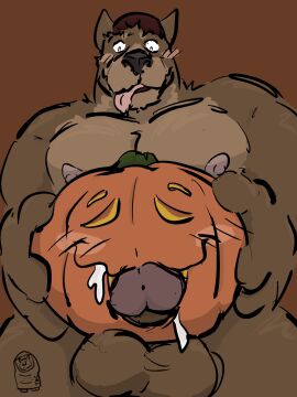 anthro balls bara bodily_fluids canid canine canis cum cum_drip cum_in_mouth cum_in_pumpkin cum_inside dickinoatmeal domestic_dog dripping erection face_fucking food food_fetish food_play front_view fruit fur genital_fluids genitals hair halloween hi_res holidays improvised_sex_toy irrumatio jack-o'-lantern looking_pleasured male mammal masturbation muscular muscular_male nipples nude oral pecs penetrating_pumpkin penetration penile penis plant pumpkin pumpkin_masturbation sex simple_background solo tongue yaoi
