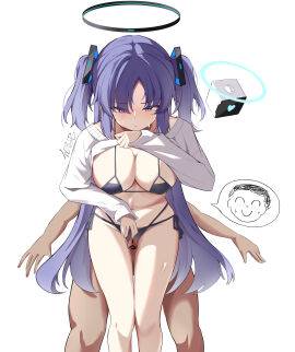 1boy 40-sk_mod.94 absurdres artist_name between_thighs bikini black_bikini blue_archive blue_eyes blue_hair blush breasts closed_mouth clothes_lift doodle_sensei_(blue_archive) feet_out_of_frame female halo highres large_breasts lifting_own_clothes long_hair looking_at_penis looking_down male mechanical_halo mixed-language_commentary multi-strapped_bikini_bottom penis penis_between_thighs sensei_(blue_archive) simple_background sitting skirt skirt_lift spoken_character sweat swimsuit thigh_sex two_side_up variant_set white_background yuuka_(blue_archive)