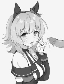 1boy after_fellatio animal_ears bare_shoulders cum cum_in_mouth cum_on_body cum_string curren_chan_(umamusume) erection facial female from_side gloves greyscale highres horse_ears long_sleeves looking_at_viewer looking_to_the_side male monochrome nyaivie open_mouth penis simple_background solo_focus straight umamusume uncensored upper_body