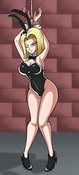 1girls 2d android_18 annoyed arms_above_head bare_legs bare_shoulders bare_thighs blonde_hair blue_eyes bondage bowtie bunny_ears bunnysuit dragon_ball dragon_ball_z dungeon female femsub high_heels one_eye_closed riccardus97 rope_bondage sex_slave shueisha slave sole_female submissive_female