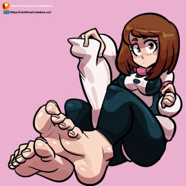 1girls 2d absurd_res barefoot blush bob_cut boots breasts brown_eyes brown_hair clothed feet female female_focus female_only foot_fetish foot_focus footwear hero_outfit_(mha) hi_res light-skinned_female light_skin medium_breasts my_hero_academia ochako_uraraka pink_clothing reathroch rosy_cheeks shoes_removed short_hair simple_background soles solo solo_female solo_focus superhero_costume superheroine toes watermark