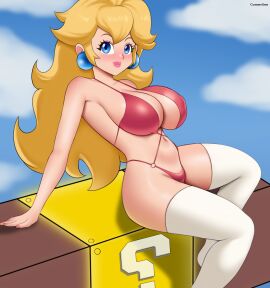 ? ?_block artist_name bikini blue_eyes blue_sky breasts cloud day earrings female gummslime highres jewelry large_breasts large_earrings lips mario_(series) navel outdoors pink_bikini pink_lips pink_nails princess_peach sitting sky solo stomach swimsuit thighhighs white_thighhighs