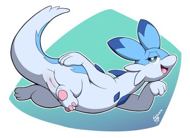 2024 3_fingers 3_toes ass back_spikes bedroom_eyes blue_body blue_eyes blue_fur blue_markings blue_spikes cheek_tuft chillet digital_media_(artwork) dipstick_ears ear_markings eyelashes facial_tuft feet female fingers full-length_portrait fur genitals geometric_background half-closed_eyes hand_on_ass hand_on_butt hi_res long_body looking_at_viewer looking_back looking_back_at_viewer lying mammal markings multicolored_body multicolored_ears multicolored_fur mustelid narrowed_eyes on_side open_mouth pal_(species) palworld pawpads paws pink_pawpads pocketpair portrait presenting presenting_hindquarters presenting_pussy pussy seductive semi-anthro shaded side_view simple_background smile solo spikes spikes_(anatomy) sspore tail teeth toes tongue tuft two-tone_body two-tone_fur white_body