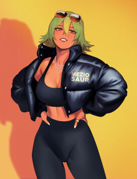 1girls black_jacket black_tank_top breasts buttons crop_top dark-skinned_female dark_skin eyewear_on_head female female_only fingernails fire_emblem fire_emblem_heroes gradient_hair green_hair hands_on_own_hips jacket laegjarn_(fire_emblem) lips long_sleeves looking_at_viewer medium_breasts meziosaur multicolored_hair nintendo open_clothes open_jacket orange_background orange_hair pants parted_lips revision shadow short_hair simple_background smile solo spandex sunglasses tank_top teeth two-tone_hair