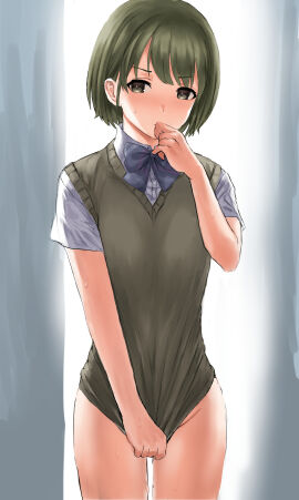 1girls absurdres blush bob_cut bottomless bow bowtie brown_sweater_vest clothes_tug commentary covering_crotch covering_privates cowboy_shot dress_shirt embarrassed female green_eyes green_hair grey_background grey_bow grey_bowtie groin hand_to_own_mouth highres idolmaster idolmaster_shiny_colors kakeru_(fujiwara_kakeru) looking_at_viewer nanakusa_nichika school_uniform shirt short_hair short_sleeves solo standing sweat sweatdrop sweater sweater_tug sweater_vest thigh_gap white_background white_shirt
