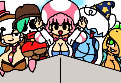 5girls background bangs belt big_breasts bikini bikini_bottom bikini_top blazer blue_skin boo_(mario) boo_girl_(minus8) bottomwear bow bowtie breasts bunnysuit cleavage clothed clothing dark_skin eyes_covered female female_focus female_only goomba goomba_girl green_eyes hair hair_over_eyes hair_over_one_eye hat hood hood_up hoodie huge_breasts koopa koopa_girl koopa_troopa legokoopa_(artist) lesbian_pride_colors magician magician_hat mario_(series) mario_party mask masked masked_female massive_breasts multiple_females multiple_girls mushroom mushroom_girl mushroom_humanoid oerba_yun_fang open_clothes open_shirt outdoors panties pink_hair ponytails revealing revealing_clothes shirt shy_gal sky smug sweater tie toad_(mario) toadette tongue tongue_out tophat topwear turquoise_hair underboob underwear white_hair yellow_hair