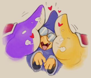 2024 anthro anthro_on_anthro biped daftpatriot digital_media_(artwork) eyewear glasses group head_between_cheeks heart_symbol kamek koopa mario_(series) multicolored_body nintendo open_mouth purple_body purple_yoshi round_glasses scalie trio white_body yellow_body yellow_yoshi