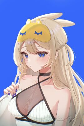 1girls artist_name bangs bare_shoulders black_choker blonde_hair blue_background blue_eyes blue_nails blue_sky blush breasts bunny_ears bunny_girl choker closed_mouth collarbone criss-cross_halter eyebrows_visible_through_hair female hair_between_eyes halterneck long_hair looking_at_viewer nail_polish signature simple_background sky small_breasts solo upper_body virtual_youtuber vyugen yenko