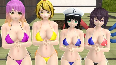 2023 3d 4girls alien_girl bikini blue_bikini blush breasts cleavage colored_hair female ghost_girl green_eyes group group_focus hands_together hat hati_yukkuri_mmd hazel_eyes headwear hijiri_byakuren human indoors kneeling long-haired_female looking_at_viewer minamitsu_murasa mmd nue_houjuu pink_bikini pink_eyes praying_hands sailor_hat short-haired_female spirit swimsuit toramaru_shou touhou undefined_fantastic_object unusual_anatomy unusual_wings yellow_bikini yellow_eyes youkai