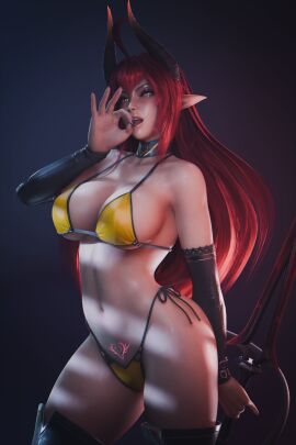 1girls 3d abs armwear bikini bikini_bottom bikini_top breasts choker demon female female_focus female_only gesture gesturing_at_viewer hi_res high_resolution highres horns large_breasts long_hair original original_character pointy_ears pubic_tattoo red_hair ryanreos simple_background sinia solo solo_female solo_focus succubus succubus_horns succubus_tail succubus_tattoo tail thighhighs weapon