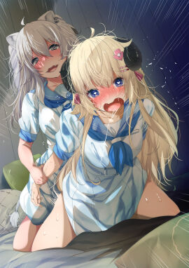 2girls ahoge animal_ear_fluff animal_ear_piercing animal_ears arm_grab bed blonde_hair blue_neckerchief blue_sailor_collar blush clothed_sex doggy_style female fumihiko_(pixiv2658856) grabbing_another's_arm grey_eyes grey_hair hair_between_eyes hair_ornament hairclip heart heart-shaped_pupils highres holoforce holohoneygaoka_high_school_uniform holohoneygaoka_koukou hololive hololive_gen_5 hololive_japan horns indoors lion_ears lion_tail long_hair multiple_females multiple_girls neckerchief official_alternate_costume on_bed open_mouth purple_eyes sailor_collar saliva saliva_drip saliva_trail school_uniform sex sheep_horns shirt shishiro_botan skirt symbol-shaped_pupils tail tears teeth tsunomaki_watame virtual_youtuber white_shirt white_skirt yuri
