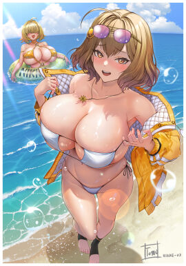 2girls ahoge anis_(nikke) anis_(sparkling_summer)_(nikke) artist_name big_breasts bikini blonde_hair blue_sky blush breasts cleavage cloud cloudy_sky collarbone commentary_request day elegg_(nikke) feet female fingernails goddess_of_victory:_nikke hair_between_eyes hair_ornament highleg highleg_bikini highres innertube jacket jewelry large_breasts long_sleeves looking_at_viewer multiple_females multiple_girls necklace o-ring o-ring_swimsuit ocean off_shoulder open_clothes open_jacket open_mouth outdoors partially_submerged pulling_own_clothes sand shiny_skin shore short_hair side-tie_bikini_bottom signature sky stirrup_legwear sunglasses sunlight swim_ring swimsuit teeth toeless_legwear toes tomo_eokaiteru upper_teeth water water_drop