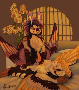 animal_humanoid anthro aven avian avian_humanoid bed_sheet bedding bedroom bedroom_background big_penis black_body black_feathers blue_eyes brieve_(sergeanthax) chest_tuft claws cuntboy curled_hair duo feather_hair feather_tuft feathered_crest feathered_wings feathers flabberd flower fur furniture genitals hair handjob head_crest humanoid hybrid inner_ear_fluff intersex looking_at_another lying male markings on_back orchid_(flower) penile penis pillow pink_nose plant pseudo_hair purple_body purple_feathers sex striped_markings stripes table tuft vena_(sergeanthax) warm_colors warm_lighting window wings yellow_body yellow_feathers