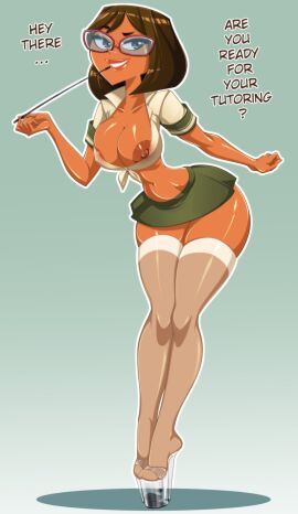 1girls bare_arms bare_breasts bare_thighs bent_forward big_breasts blue_eyes breasts brown_eyes brown_hair clear_heels clothed clothing color courtney_(tdi) dark-skinned_female dark_skin english_text female female_focus female_only glasses heels hi_res high_heels hourglass_figure large_breasts lipstick looking_at_viewer microskirt midriff midriff_baring_shirt navel nipple_slip nipples omiiverse open_shirt pinup platform_heels school_uniform schoolgirl short_hair short_skirt simple_background skirt solo solo_female stiletto_heels stockings teacher teacher_outfit teasing text thick_thighs total_drama_island