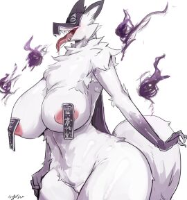 amaverse anthro areola areola_slip big_areola big_breasts big_nipples breasts canid canine casual cloak clothing covered_nipples curvy_figure dark_body demon fangs female female_anthro fingers fire fluffy fox fur haumi hi_res huge_breasts ineffective_clothing japanese_text kemono magic_user mammal markings mask menyang mostly_nude mythological_canine mythological_creature mythological_fox mythology nipple_outline nipple_tape nipples ofuda ofuda_on_breast open_mouth open_smile pasties pink_areola smile solo spirit tail talisman tape taped_nipples teasing teeth text text_on_pasties thick_thighs tongue tongue_out voluptuous white_body wide_hips