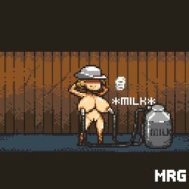 animated arms_behind_head big_breasts blonde_hair blush breasts charlotte_(dead_ahead) cowboy_hat cowgirl dead_ahead female lactation large_breasts milk milk_tank milking milking_machine mr.g_thesorrow nude nude_female pixel_animation pixel_art smiling solo solo_female sprite standing watermark