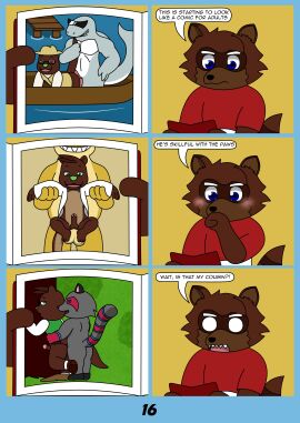 absurd_res anal anal_sex anthro balls barefoot blush book brown_body brown_fur clothed clothing cooking duo english_text erection eyewear feet fish fishing_rod food foot_on_balls footwear fur genitals glasses hi_res james_otis_smith karate_outfit lizard male male/male mammal marine markings mustelid narrowed_eyes otter penetration penis photo photo_album procyonid raccoon reggie_rakun reggie_rakun_(character) reptile scalie sex shark shoes striped_markings striped_tail stripes tail tail_markings text water