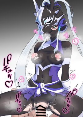 1boy 1girls ass black_bodysuit blue_eyes blush bodysuit breasts breasts_out censor_bar censored censored_penis censored_pussy commentary_request commission cowgirl_position duel_monster exposed_breasts exposed_nipples female female/male female_focus female_on_top female_penetrated full_body full_body_suit heavy_breathing helmet helmet_over_eyes large_breasts long_hair male mask masked masked_female mouth_mask oldsickkim penis penis_in_pussy pixiv_commission pixiv_request pleasure_face pleasured_face purple_skirt pussy ripped_bodysuit sex shredded_clothes skirt spread_legs straight swordsoul_of_mo_ye tearing_bottomwear tearing_clothes text thick_ass thick_thighs thighs torn_bodysuit torn_skirt unseen_male very_long_hair white_hair yu-gi-oh!