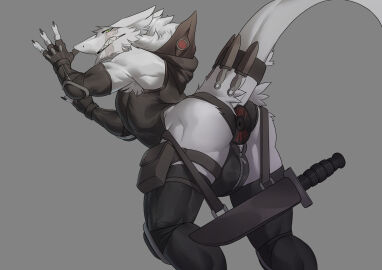 2024 accessory anal anal_plug anal_sex anthro anthro_penetrated ass bent_over big_ass big_bulge big_butt biped bottomwear bulge buttplug buttplug_in_ass buttplug_insertion claws clothing digital_media_(artwork) facial_scar finger_claws fingerless_armwear fingerless_gloves fur furgonomic_bottomwear furgonomics gloves green_eyes grey_background handwear hi_res hood hoodie_vest idrysse3 looking_at_viewer looking_back looking_back_at_viewer male male_anthro male_penetrated melee_weapon monotone_background monotone_body monotone_fur object_in_ass penetration plug_(sex_toy) plug_insertion scabbard scar sergal sex_toy sex_toy_in_ass sex_toy_insertion simple_background solo sword tail tail_accessory throwing_knife weapon white_body white_fur