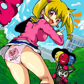 1girls accidental_exposure accidental_nudity airu_suzaki awkward blonde_hair blush digimon digimon_(species) digimon_xros_wars digimon_xros_wars-hunters embarrassed female female_only japanese_text opossumon panties pink_eyes public public_exposure showing_off showing_panties skirt skirt_removed surprised surprised_expression sweat toei_animation twintails