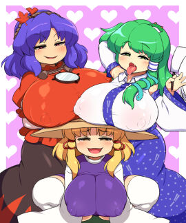3girls blonde_hair blue_hair female green_hair handjob_gesture heart-shaped_pupils kanako_yasaka kasose nipples_visible_through_clothing sanae_kochiya suwako_moriya tagme tongue_out touhou