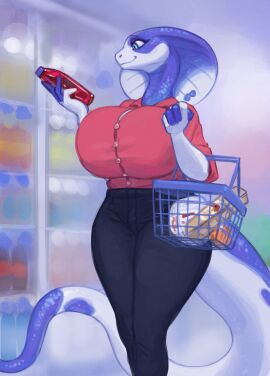 anthro artist_request big_breasts blue_eyes blue_skin breasts clothed female nisha_(bluedingo) shopping snake