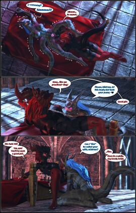 3d absurd_res anthro bodily_fluids breasts chains collar comic comic_panel cunnilingus dragon duo english_text female genitals glowing glowing_eyes heart_symbol hi_res magic magical_tattoo mythological_creature mythological_scalie mythology nipples nude oral pubic_tattoo pussy scalie sex source_filmmaker_(artwork) tattoo text vaginal_penetration verbalblade