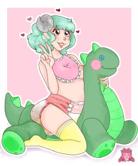 1girls areolae bib breasts coolhooves diaper dinosaur_plushie female hearts_around_head horns light-skinned_female light_skin messy_diaper scat