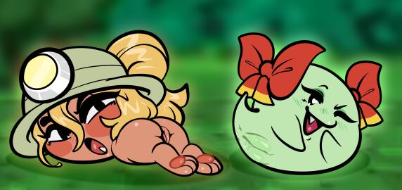2girls absurd_res anthro armor ass baebot blonde_hair blush blushing_at_viewer blushing_profusely bodily_fluids boo_(mario) bow_(feature) bow_accessory bow_ribbon clothing digital_media_(artwork) duo eyelashes fang fangs feet female female_only feral flushed_face genitals ghost goomba goombella green_body hair hair_between_eyes half-closed_eyes headgear headlamp helmet hi_res lady_bow lamp looking_at_viewer looking_back mammal mario_(series) messy_hair nintendo nude open_mouth paper_mario pawpads paws pink_body ponytail presenting presenting_hindquarters pussy quadruped simple_background smile spirit tail teeth vagina