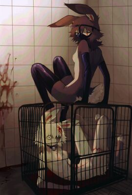 2girls animal_ears black_collar blood_on_wall body_fur bondage breasts brown_fur cage collar countershading crate female furry furry_female gloves highres jejejunum jejenum_(jejejunum) latex latex_gloves latex_mask latex_thighhighs multiple_females multiple_girls nipples nude original pool_of_blood rabbit_ears rabbit_girl rabbit_tail scar scar_across_eye scar_on_face scar_on_leg scar_on_stomach small_breasts tail thighhighs tile_wall tiles