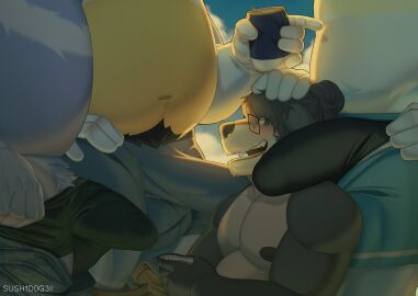 2024 absurd_res anthro anthro_on_anthro areola artist_name australian_cattle_dog balls balls_outline bandit_heeler belly beverage beverage_can big_belly big_bulge big_penis bluey_(series) blush bottomwear bottomwear_down brother brother_(lore) brothers_(lore) bulge can canid canine canis cattledog clothed clothing cloud container day detailed_bulge domestic_dog erection erection_under_clothing eyewear foursome fur genital_outline genitals glasses group group_sex hair hair_bun hand_on_head herding_dog hi_res holding_beverage holding_can holding_container holding_object imminent_sex indirect_incest_(lore) ken_(sush1d0g3) male male/male mammal multiple_doms_one_sub muscular muscular_anthro muscular_male navel nipples open_mouth open_smile outside overweight overweight_anthro overweight_male pants pants_down partially_clothed pastoral_dog pecs penis penis_outline pubes radley_heeler sex sibling_(lore) sky smile standing stripe_heeler sush1d0g3 teeth tenting topless topless_anthro topless_male tuft underwear unzipped zipper