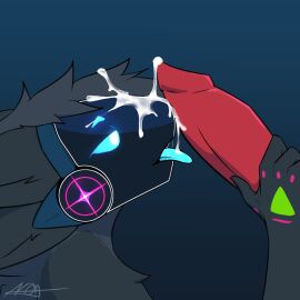 1:1 ambiguous_gender anthro anthro_on_anthro bodily_fluids cum cum_on_face cum_on_tongue digital_media_(artwork) disembodied_penis duo ejaculation fur genital_fluids genitals hair machine male male/ambiguous nova_(smashedplate21) nude penis protogen protogen_visor simple_background smashedplate21 tongue tongue_out