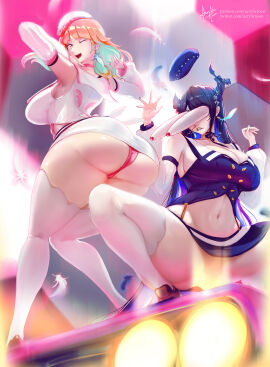 absurd_res acrylictoon ass big_ass big_breasts big_butt black_hair breasts clothing crouching duo feathers female female/female hair hi_res hololive hololive_en hololive_english hololive_english_-advent- hololive_myth horn horned_humanoid huge_breasts humanoid legwear light_body light_skin nerissa_ravencroft orange_hair panties stockings takanashi_kiara underwear virtual_youtuber vtuber wild_take