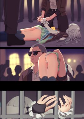 2boys arms_behind_back bondage bound bound_wrists breast_press breasts bridal_gauntlets carrying_over_shoulder censored comic commentary_request cuffed cuffs female fingerless_gloves firefly_(honkai:_star_rail) glasses gloves hair_ornament hair_spread_out handcuffs high_heels highres honkai:_star_rail honkai_(series) in_cell kidnapping lying male medium_breasts multiple_boys multiple_males on_ground on_stomach panties pantyshot partial_commentary prison ryona single_bridal_gauntlet skirt skirt_flip underwear white_hair white_panties yamomo yamomono