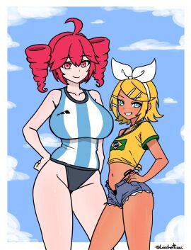2d 2d_(artwork) 2girls ahoge argentina argentinian_miku_(cosplay) argentinian_teto big_breasts blue_eyes brazil brazilian_female brazilian_miku_(cosplay) brazilian_rin breast_size_difference breasts cleft_of_venus curvy curvy_female daisy_dukes female female_only flat_chest hairbow height_difference huge_breasts kagamine_rin kasane_teto large_breasts latin_american_hatsune_miku_(meme) lucche red_eyes red_hair short_shorts shorts small_breasts swimwear synthesizer_v tank_top tanned_female thick_thighs twin_drills utau vocaloid voluptuous wide_hips yellow_hair