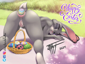 all_fours anal anal_masturbation anal_sex anthro anus ass basket bodily_fluids clitoris container digital_media_(artwork) disney easter easter_egg egg egg_in_ass egg_insertion female female_penetrated fur genital_fluids genitals grey_body hi_res holidays improvised_sex_toy judy_hopps lagomorph leaking leporid looking_at_viewer mammal masturbation nude object_in_ass one_eye_closed outside penetration plant pussy pussy_juice_leaking pussy_juice_string rabbit rear_view smile solo tail taka_studio vaginal_fluids zootopia