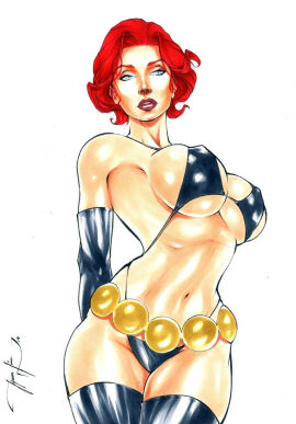 1girls artist_name avengers black_widow_(marvel) cleavage ed_benes_studio female female_focus female_only hi_res jeferson_lima latex_bikini latex_gloves marvel marvel_comics natasha_romanoff red_hair revealing_clothes scarlett_johansson shiny_clothes short_hair signature solo voluptuous voluptuous_female